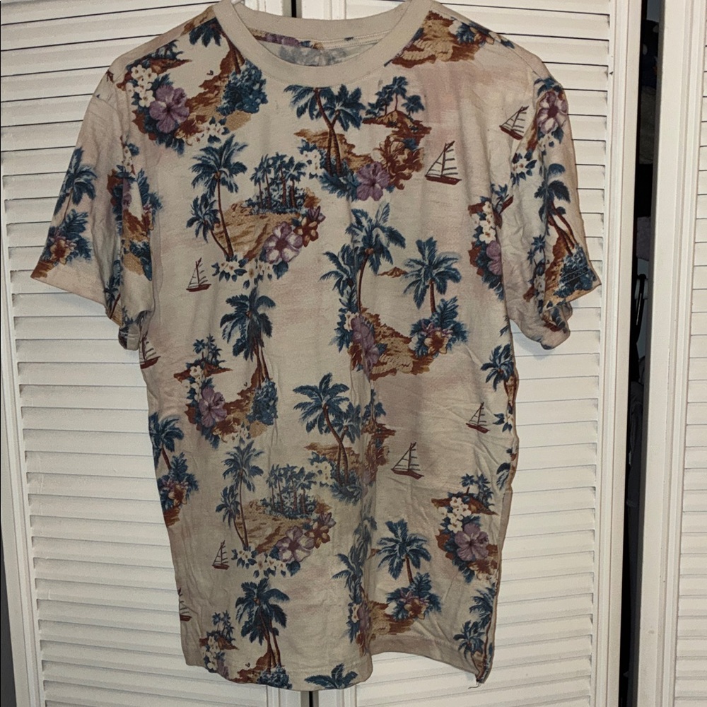 Original Use Beige Tropical Print Short-Sleeve Shirt with Blue and Brown Accents